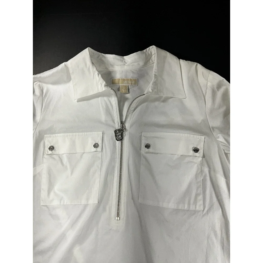 Michael Kors White 1/2 Zip Flip Cuff Sleeve Pockets Top/Blouse Women's Medium